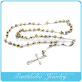 Mode Beckham Jesus Cross Deux Tons 6mm Plaqué Or Et Perles En Acier Chapelet En Acier Inoxydable Collier Pendentif